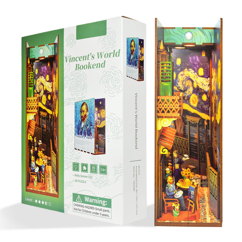World of Van Gogh DIY Book Nook Kit - 3D Wooden Puzzle Bookshelf Insert with Remote Control Lights - Artsy Gift for Adults