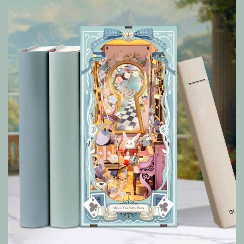 Alice's Tea Party Diary DIsplay on bookshelf